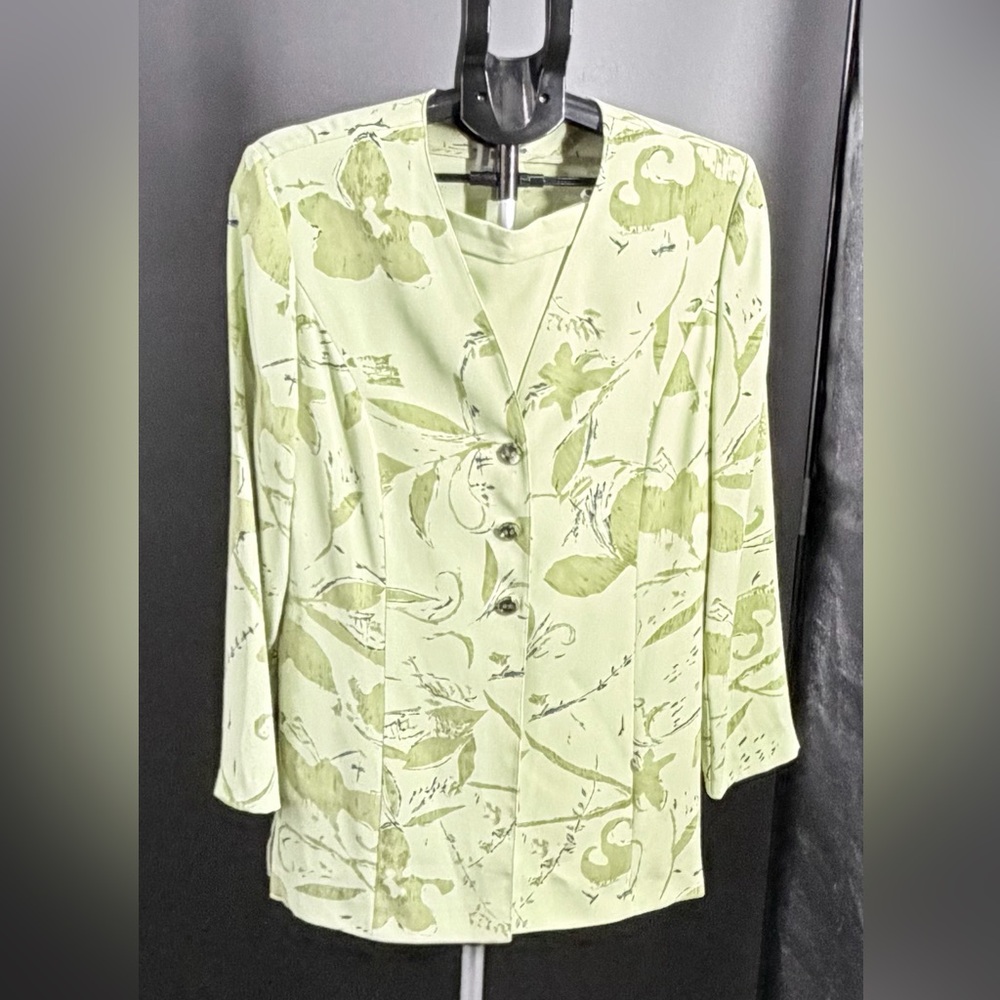 Frank Walder VINTAGE Women Pea Green Print Skirt Suit Glass Buttons Sz 40 (12)